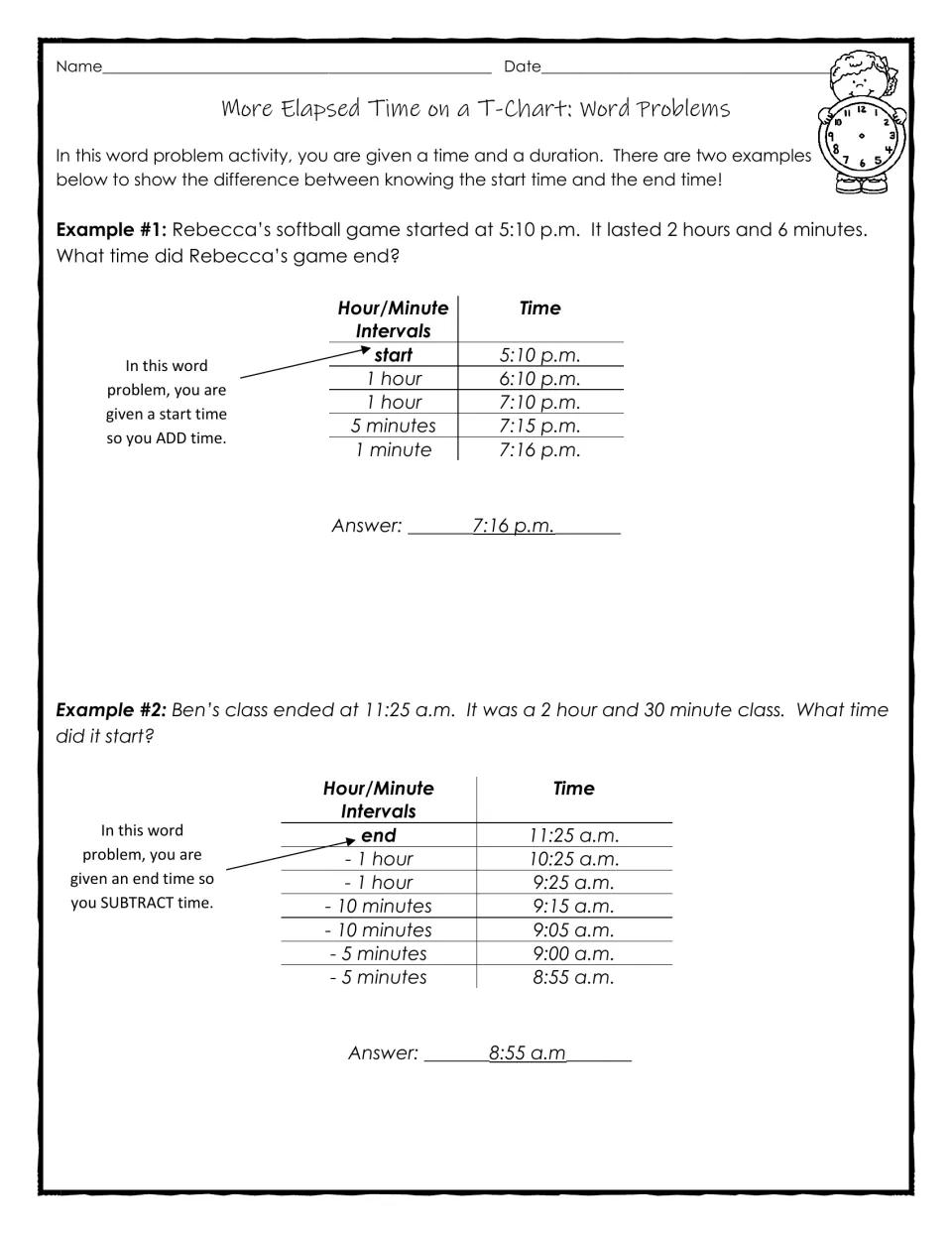 T-chart examples find a softball game's end time of 7:16 p.m. and a class's start time of 8:55 a.m.
