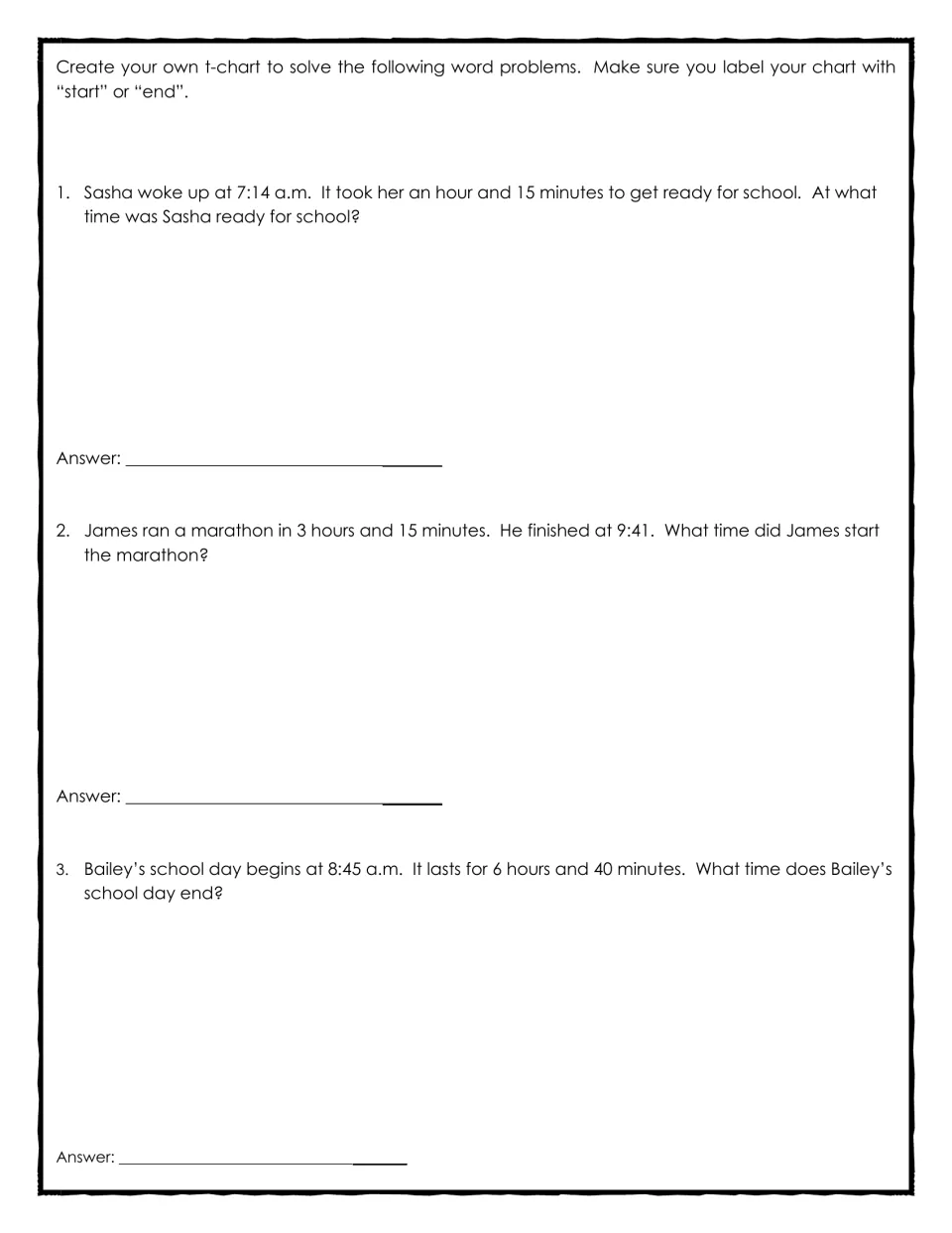 Three word problems ask students to create T-charts for getting ready for school, a marathon, and a school day