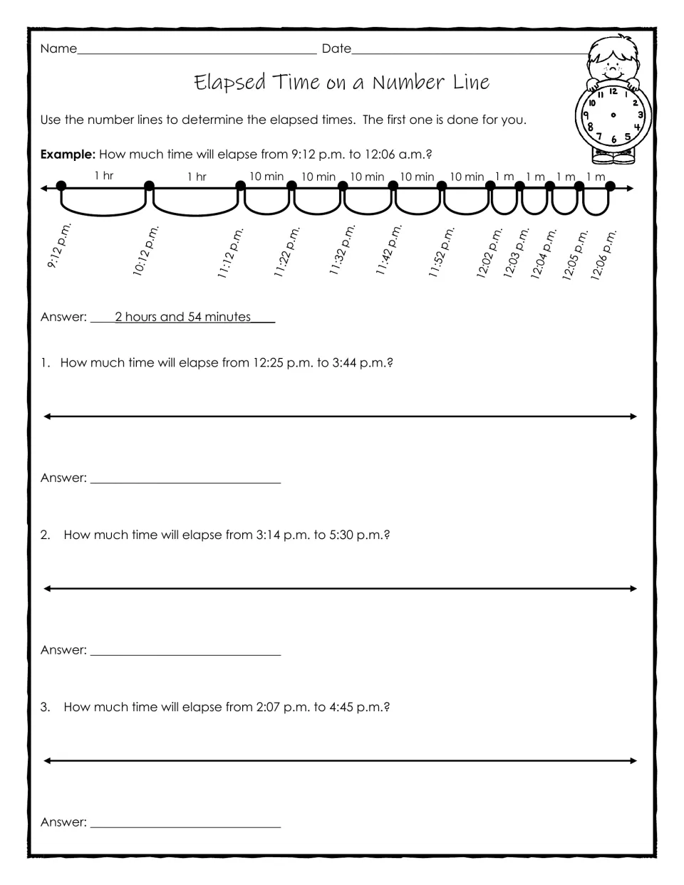 Number-line elapsed-time practice includes a worked 2-hour, 54-minute example and three duration problems