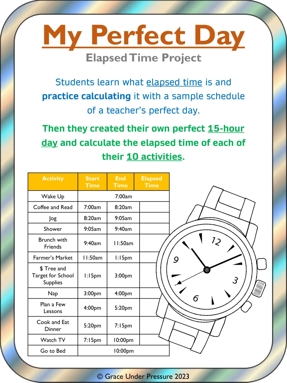 My Perfect Day Elapsed Time Project cover: a teacher's sample day schedule and a plan-your-own 15-hour day task