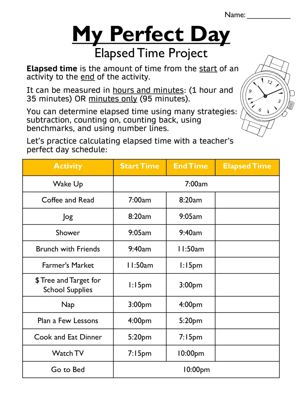 Elapsed time defined, with strategies listed; students find elapsed time for 10 activities in a teacher's 7am-10pm day
