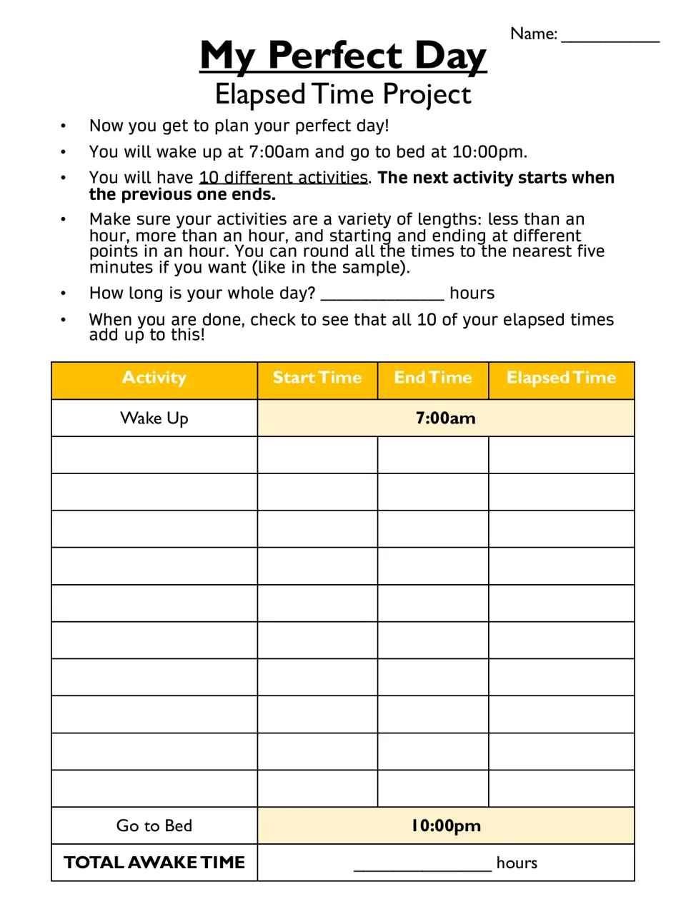Plan your perfect day: students list 10 activities from 7:00am to 10:00pm, find each elapsed time and total awake hours