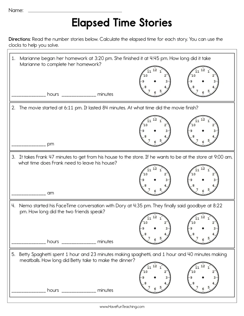 Elapsed time stories: students read five word problems and find how long each took or the start or end time, using clocks