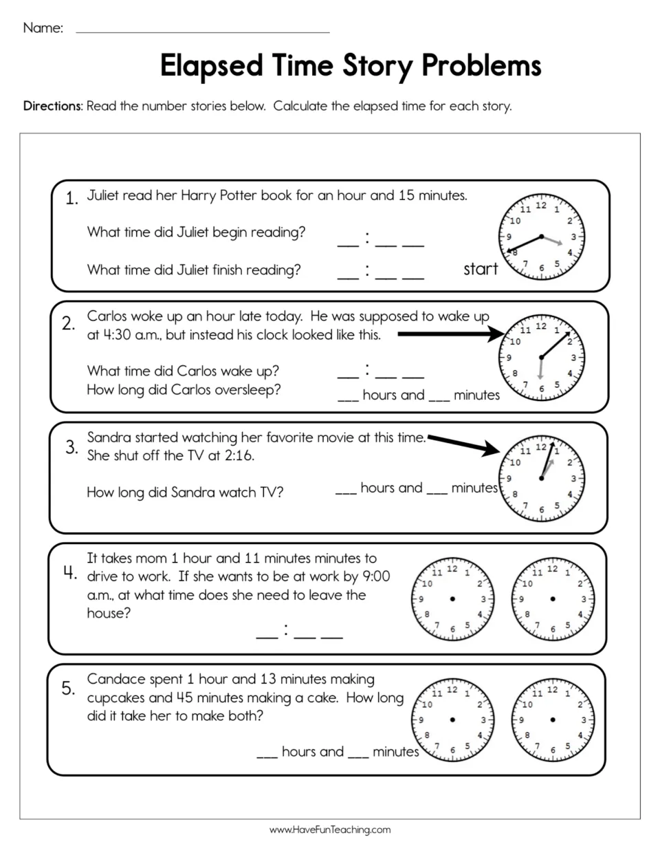 Elapsed time practice: five story problems about reading, waking up, watching a movie, commuting, and baking