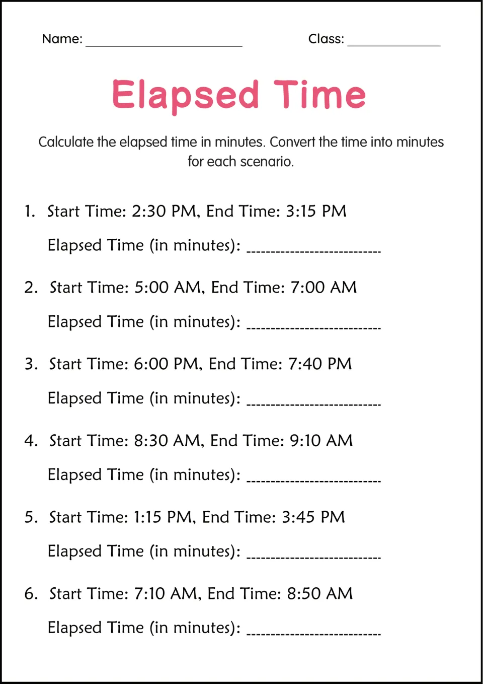 Elapsed time in minutes: students convert six time spans, such as 2:30 PM to 3:15 PM, into total minutes