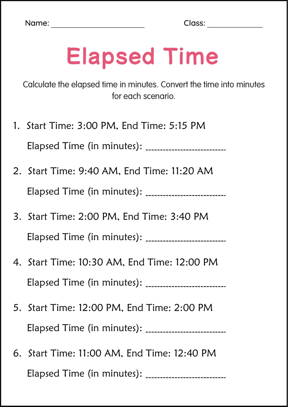 Minutes practice: students find elapsed time in minutes for spans like 9:40 AM to 11:20 AM and 3:00 PM to 5:15 PM