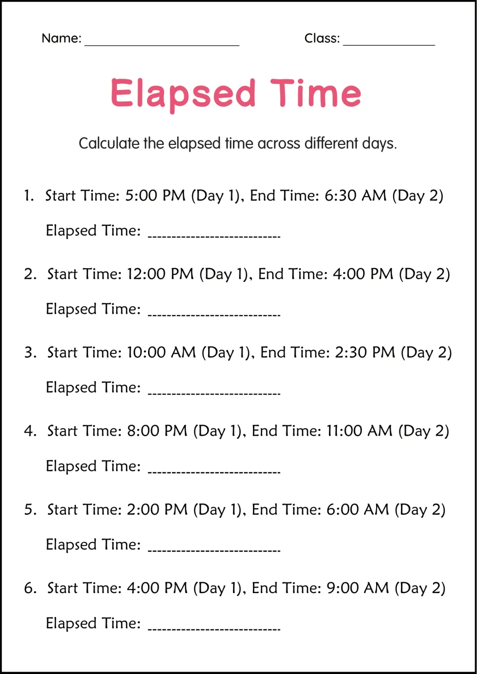 Multi-day elapsed time: six Day 1 to Day 2 problems, like 5:00 PM to 6:30 AM and 12:00 PM to 4:00 PM next day