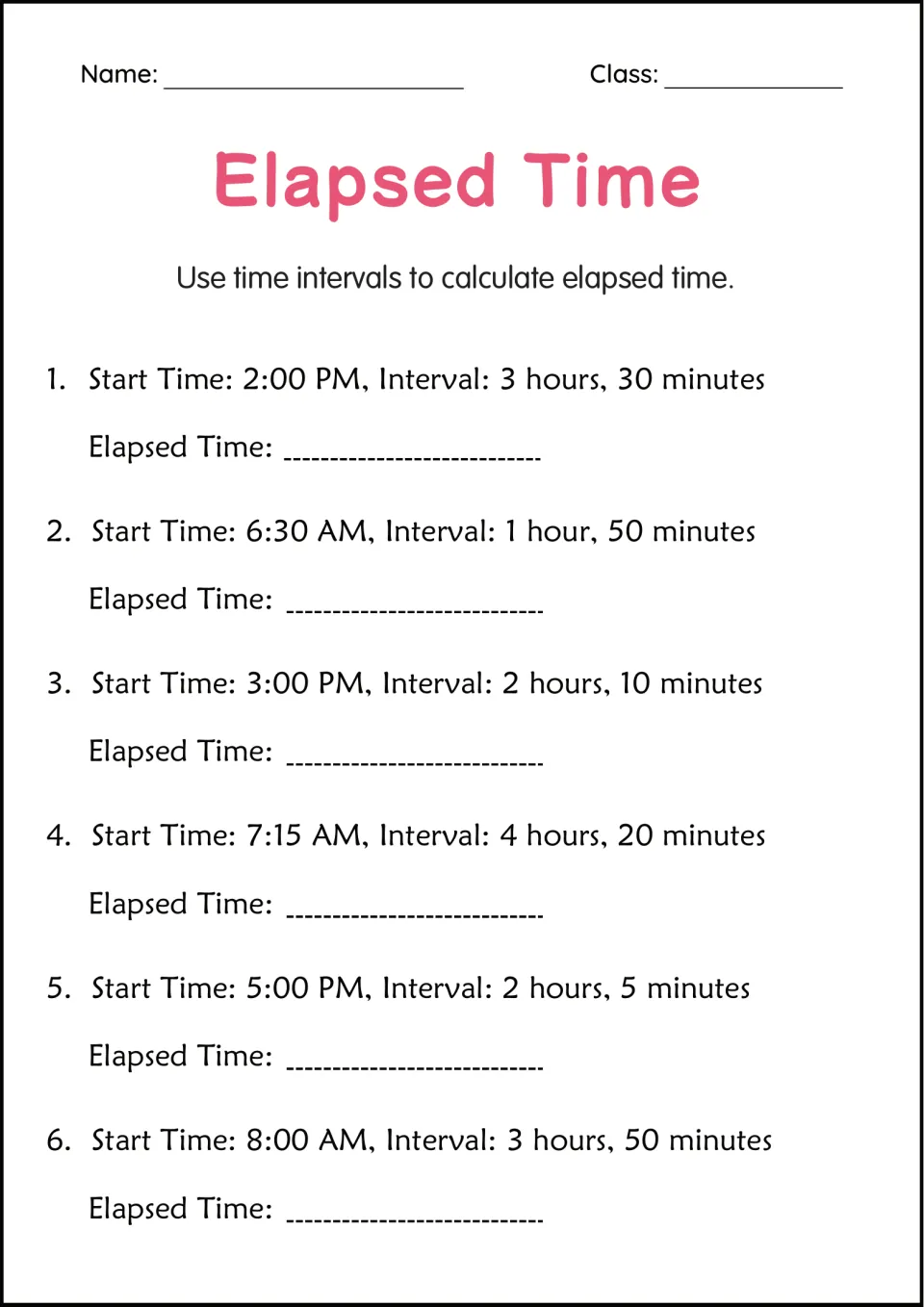 Interval practice: students work from start times like 6:30 AM with intervals such as 1 hour, 50 minutes in six items