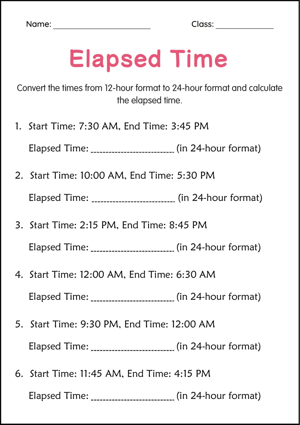 24-hour clock: students convert times like 7:30 AM and 3:45 PM to 24-hour format, then find the elapsed time