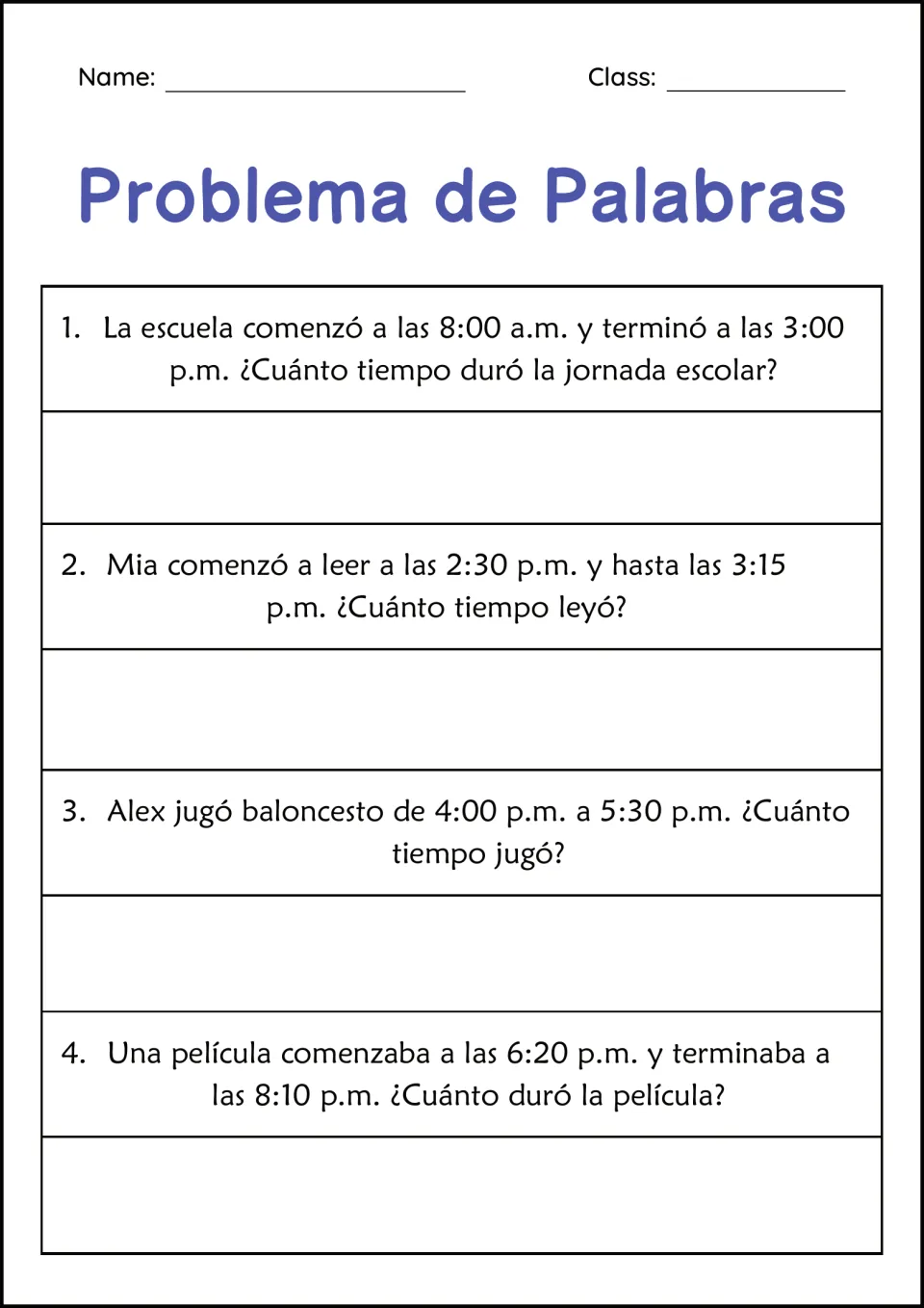 Four Spanish time word problems: school from 8:00 a.m. to 3:00 p.m., reading, basketball, and a movie.