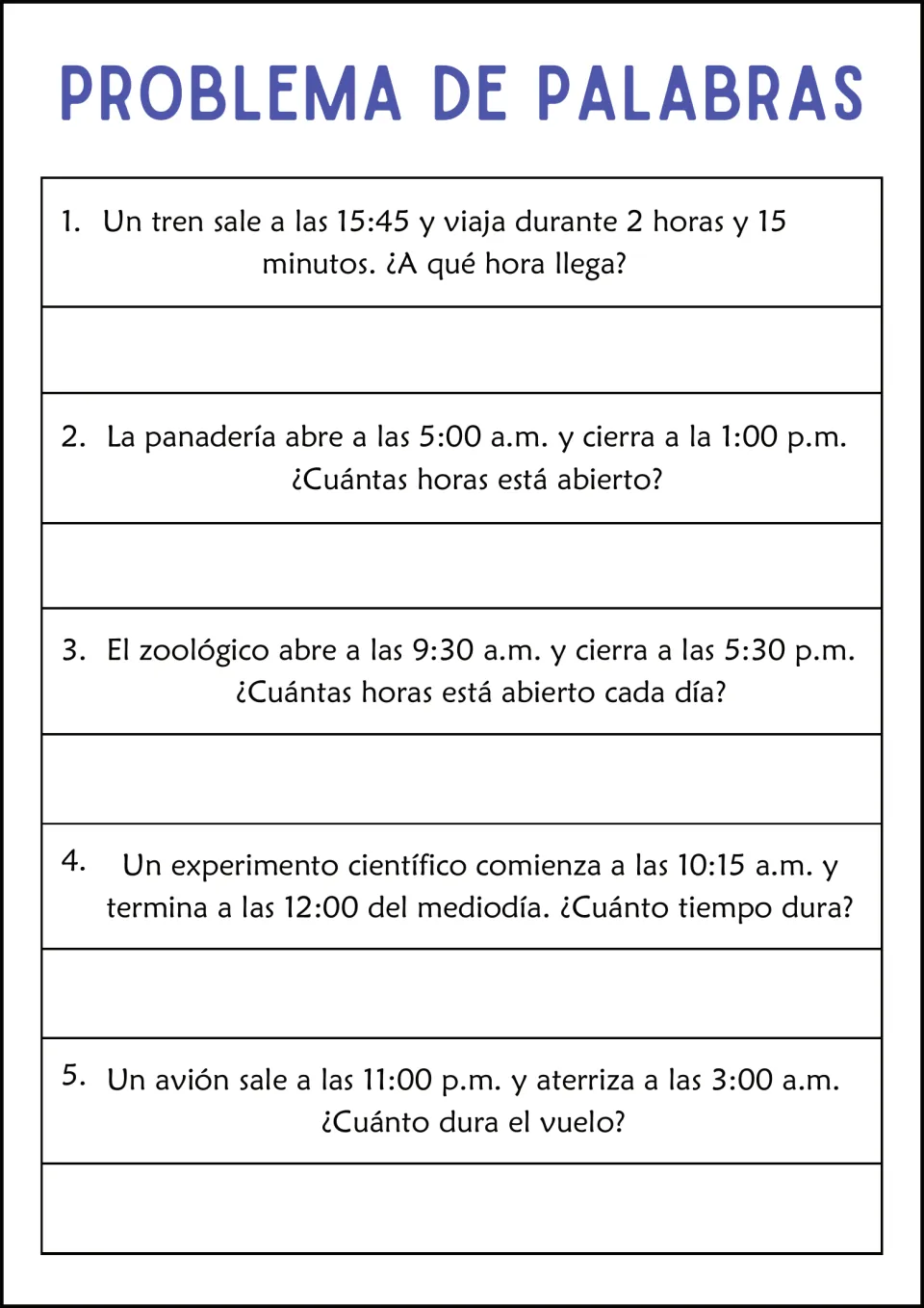 Five Spanish time problems: a train leaving at 15:45, bakery and zoo hours, an experiment, and an overnight flight.