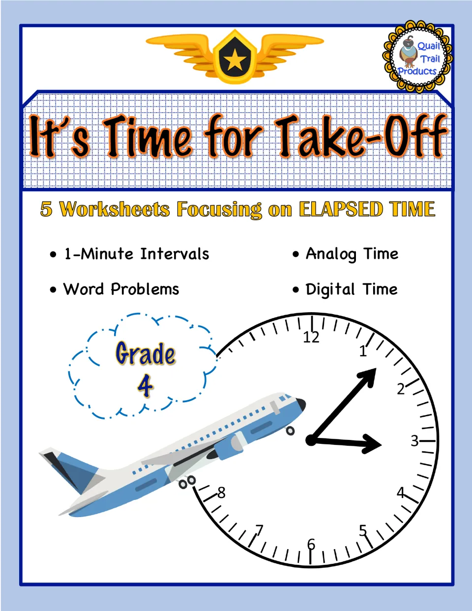 It's Time for Take-Off cover: 5 elapsed time worksheets on 1-minute intervals, analog and digital time, word problems