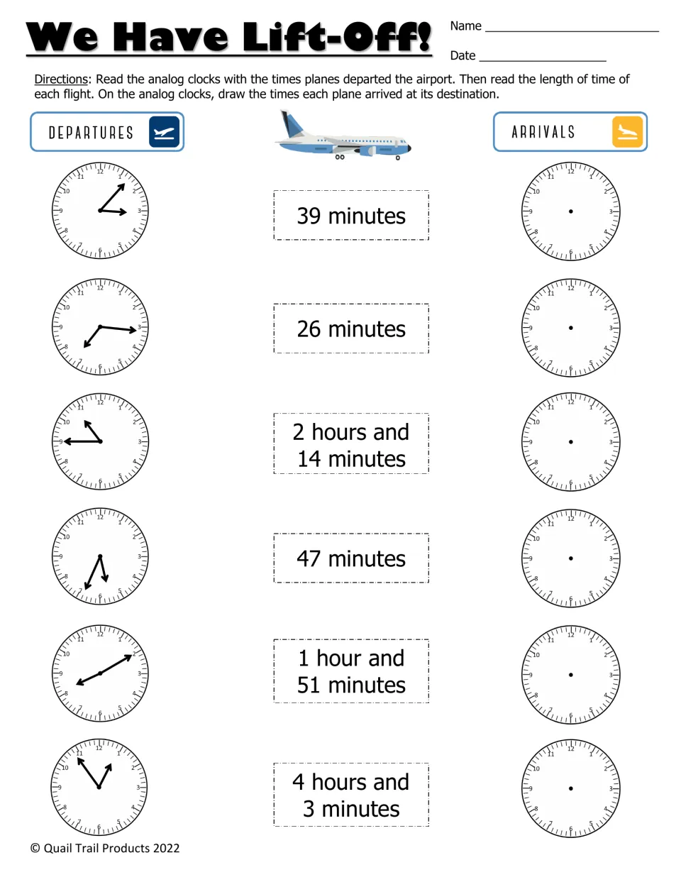 We Have Lift-Off!: students read 6 analog departure clocks, add flight times like 39 minutes and draw each arrival time