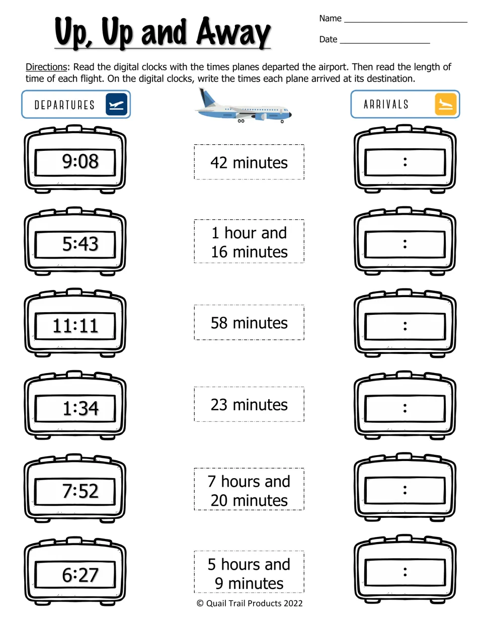 Up, Up and Away: students add flight lengths to digital departure times such as 9:08 and write each arrival time