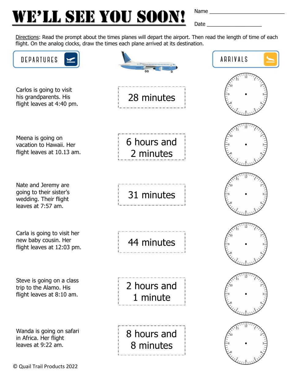 We'll See You Soon!: elapsed time word problems give departure times and flight lengths; students draw arrivals on clocks