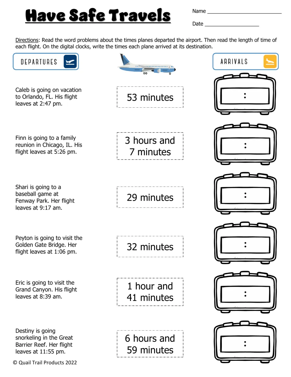Have Safe Travels: elapsed time word problems about trips to Orlando and Fenway Park; students write arrivals digitally