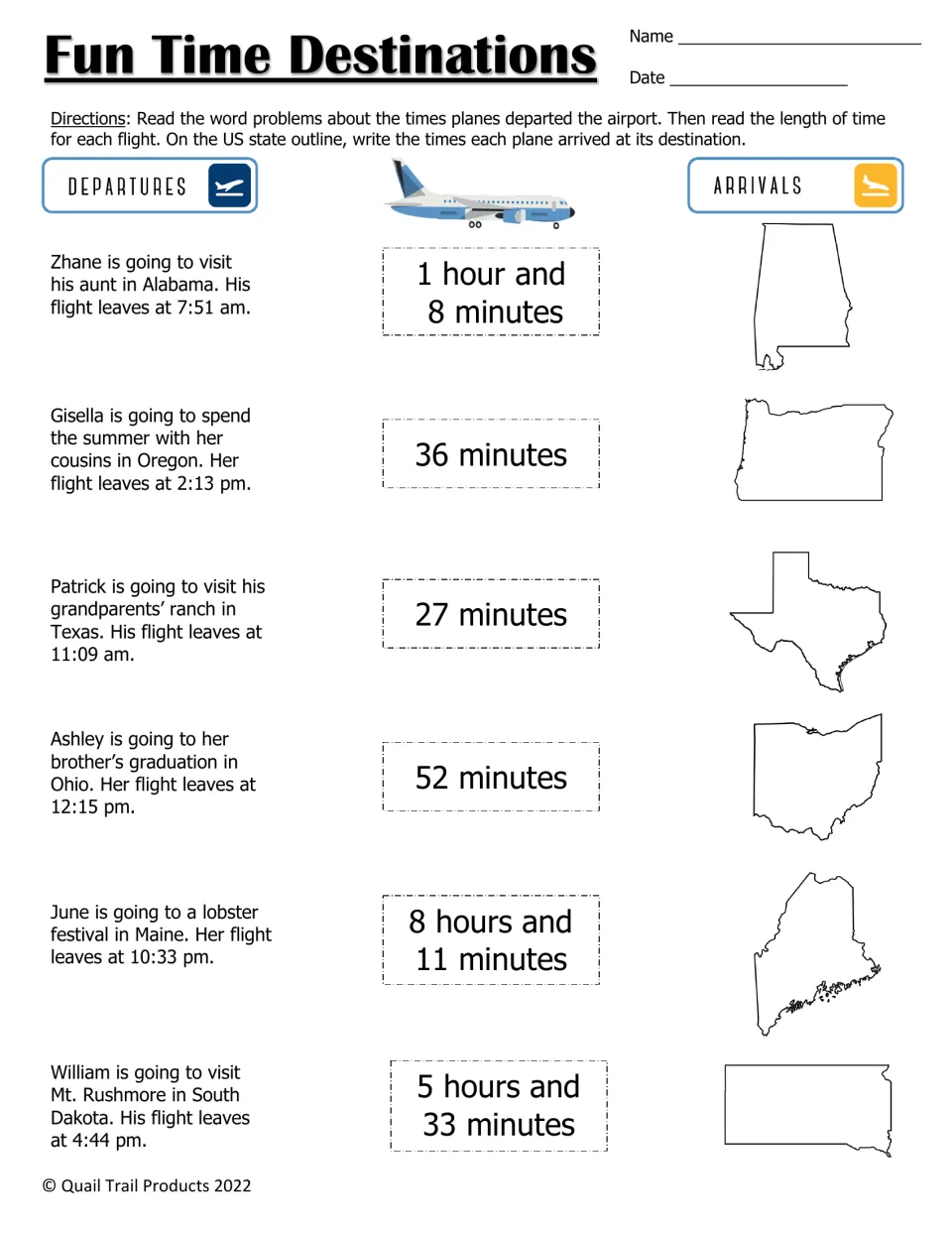 Fun Time Destinations: flight word problems to six states; students write each arrival time inside the state outline