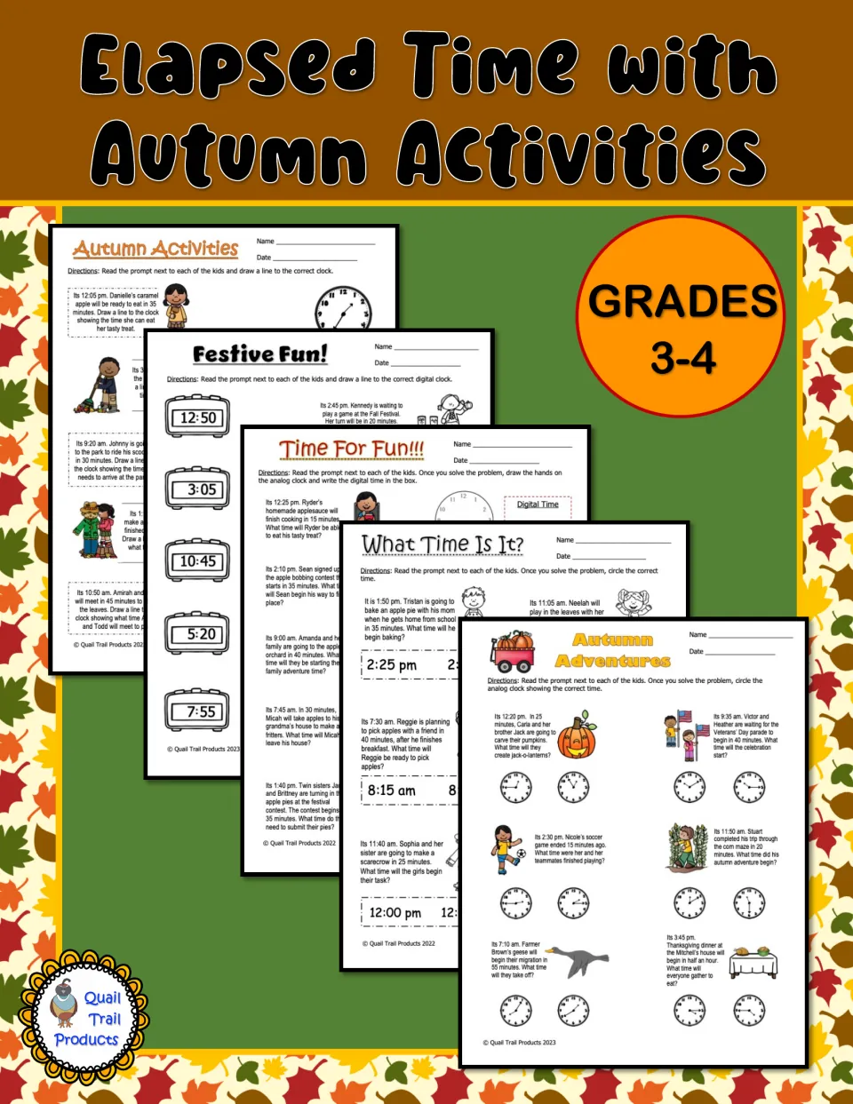 Cover for autumn elapsed-time practice in grades 3–4, showing samples of the five worksheet formats