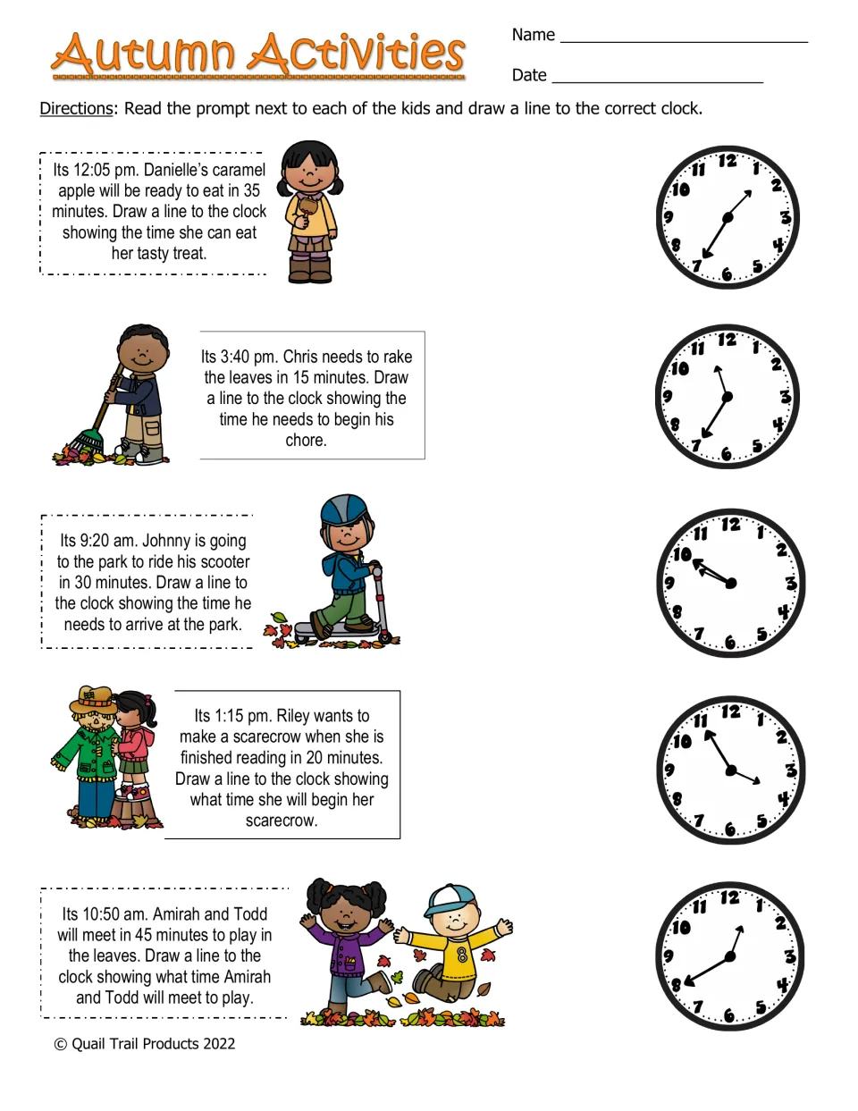 Autumn Activities color worksheet: five elapsed-time problems to match with analog clocks, including 12:05 + 35 minutes