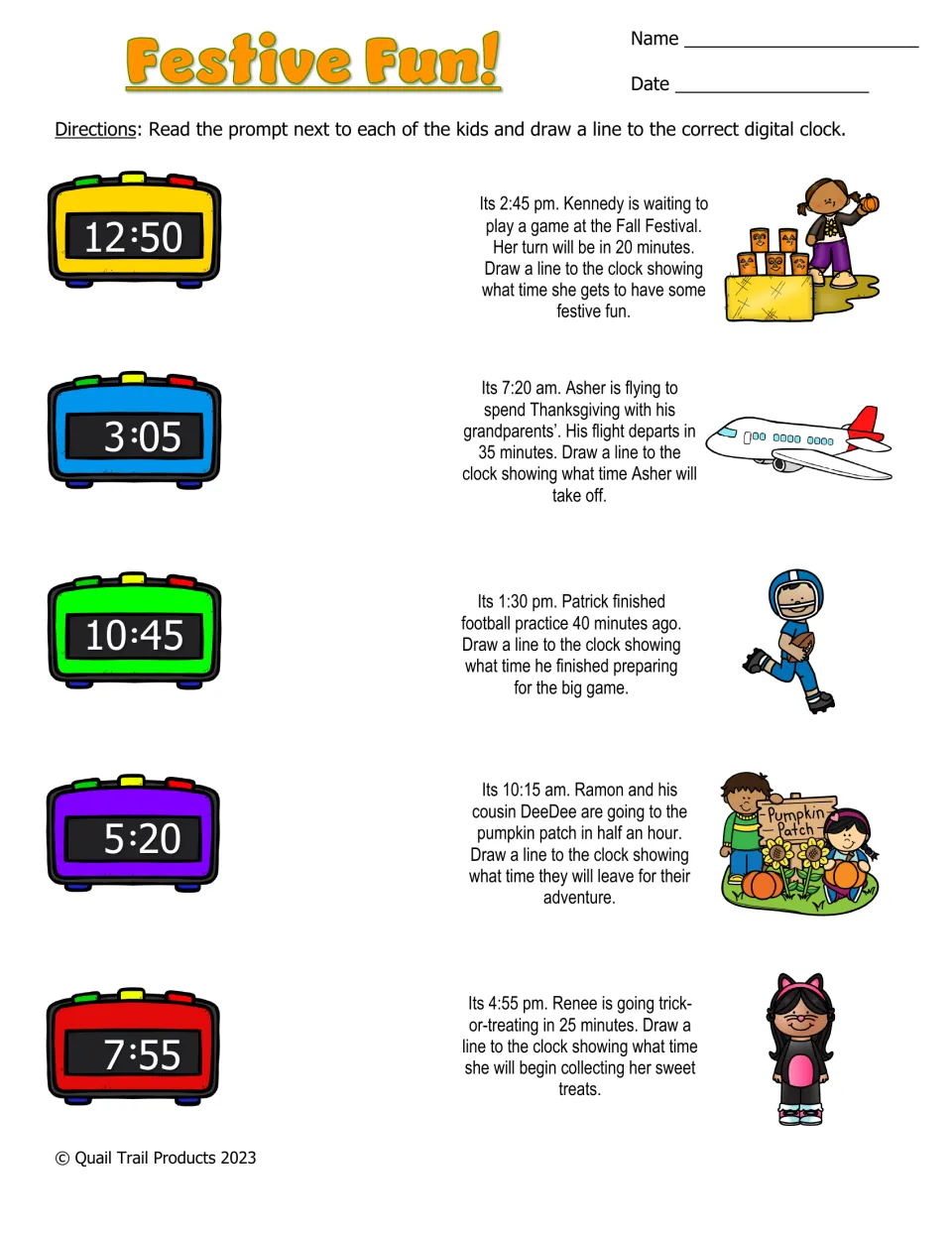 Festive Fun! color worksheet: five elapsed-time problems matched to digital clocks, including a fall festival
