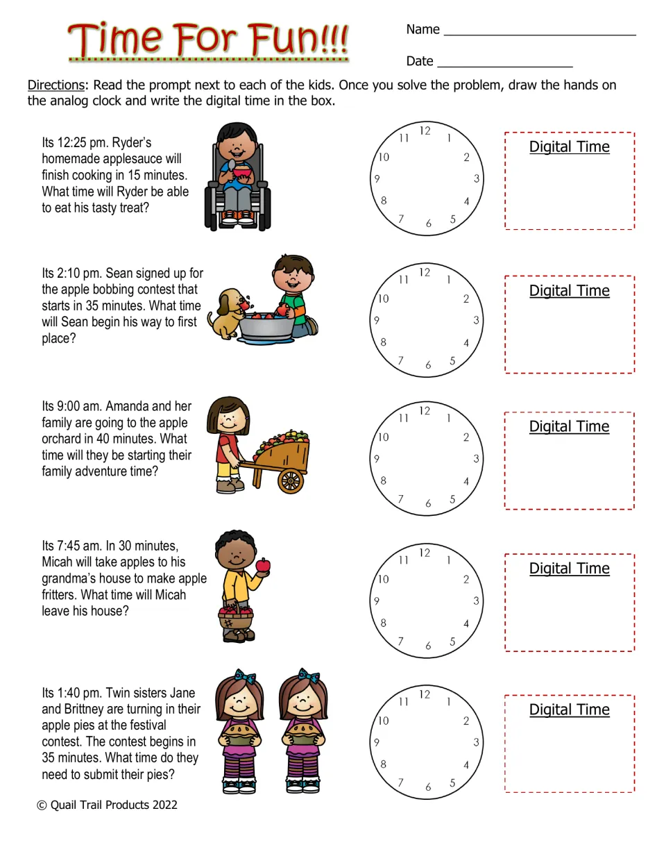 Time For Fun!!! color worksheet: five apple-themed time problems requiring clock hands and digital answers