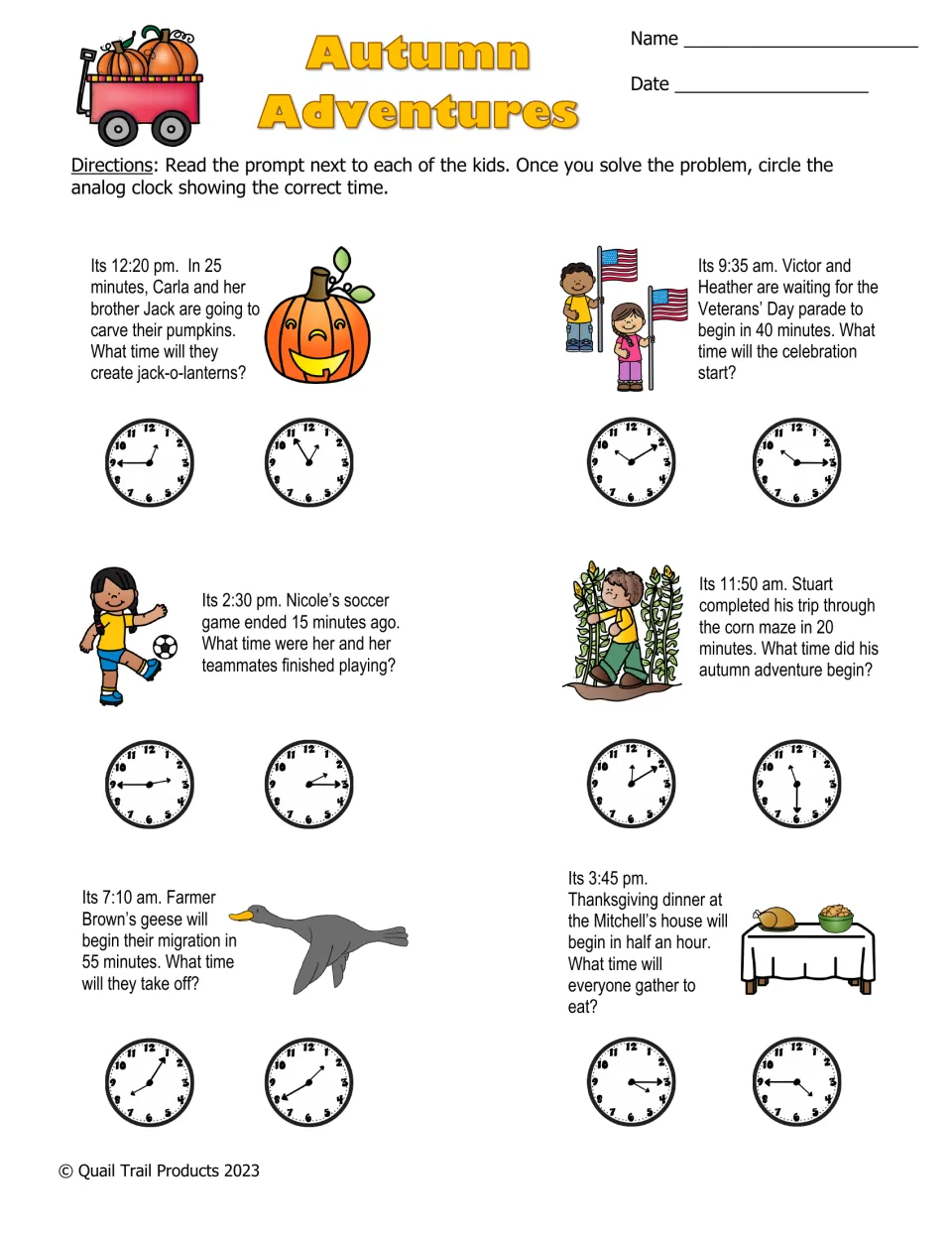 Autumn Adventures color worksheet: six elapsed-time problems with two analog clock choices for each answer