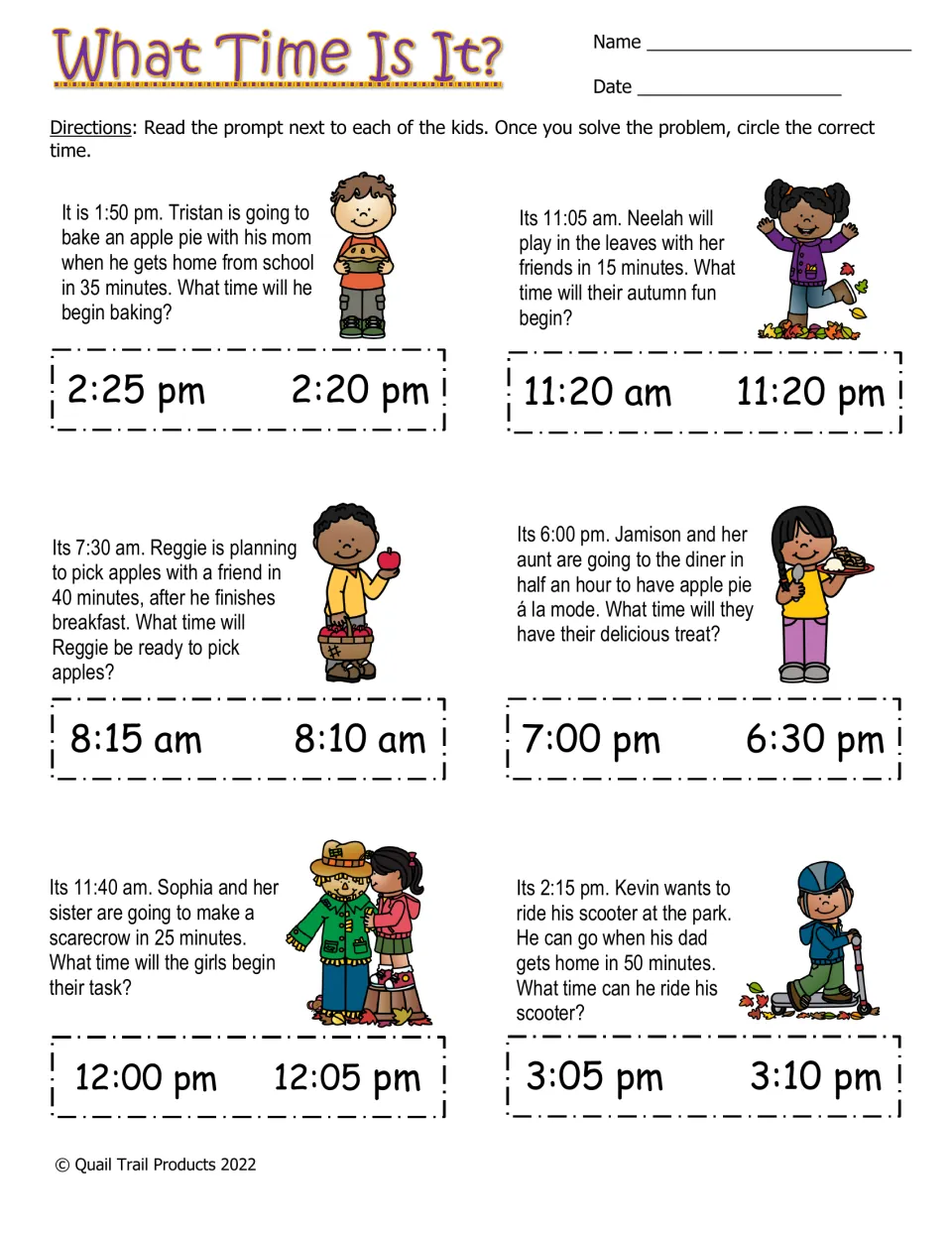 What Time Is It? color worksheet: six elapsed-time problems with paired digital answers, including AM and PM