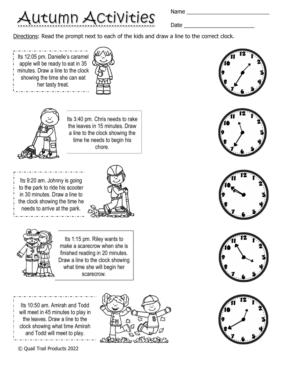Autumn Activities black-and-white worksheet: five analog clock matches about caramel apples, leaves, and more