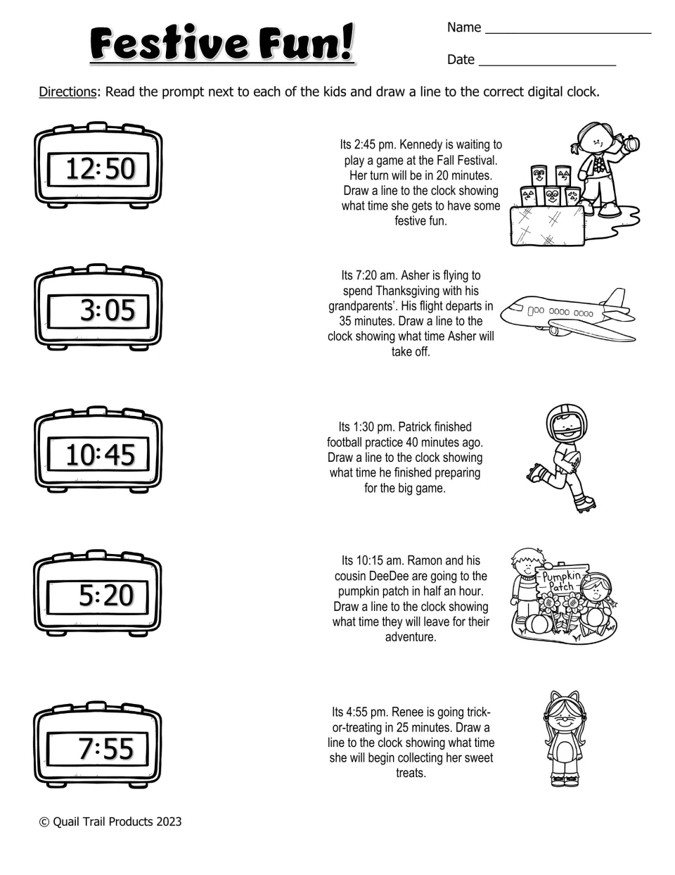 Festive Fun! black-and-white worksheet: five digital clock matches about a festival, travel, sports, and more