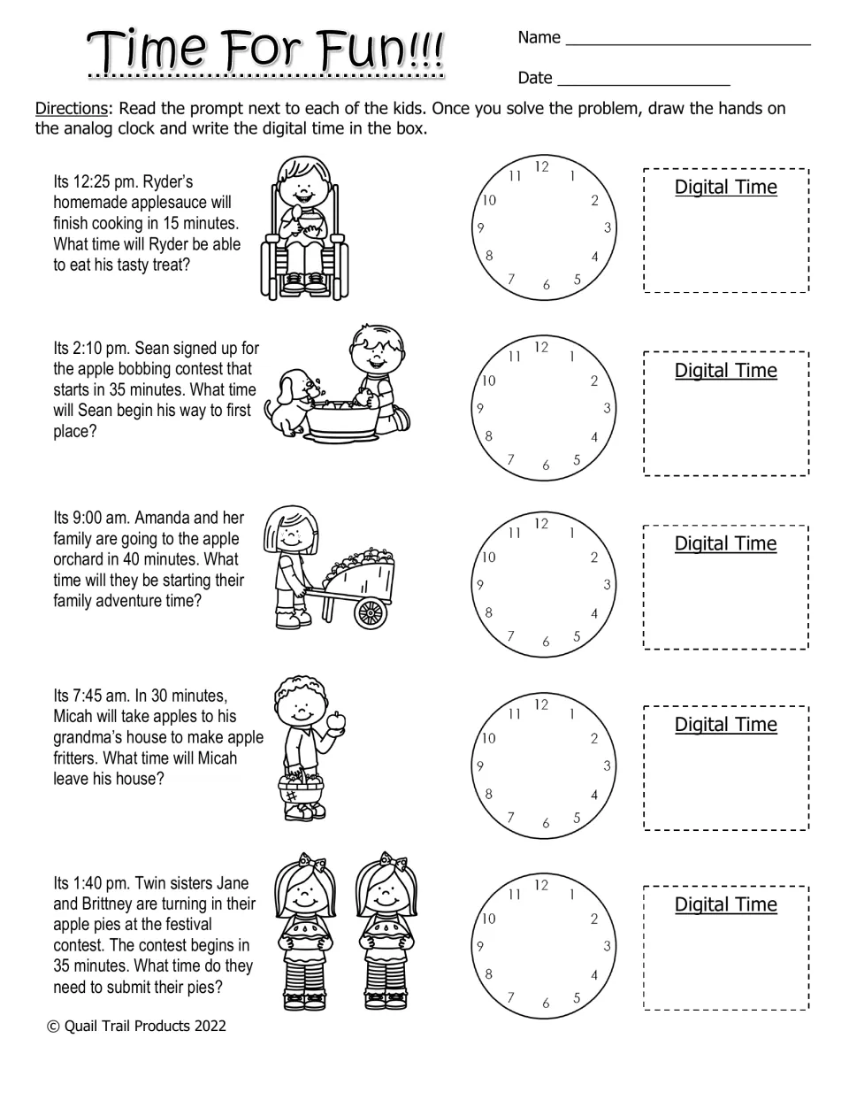 Time For Fun!!! black-and-white worksheet: five apple-themed problems to draw clock hands and write digital times