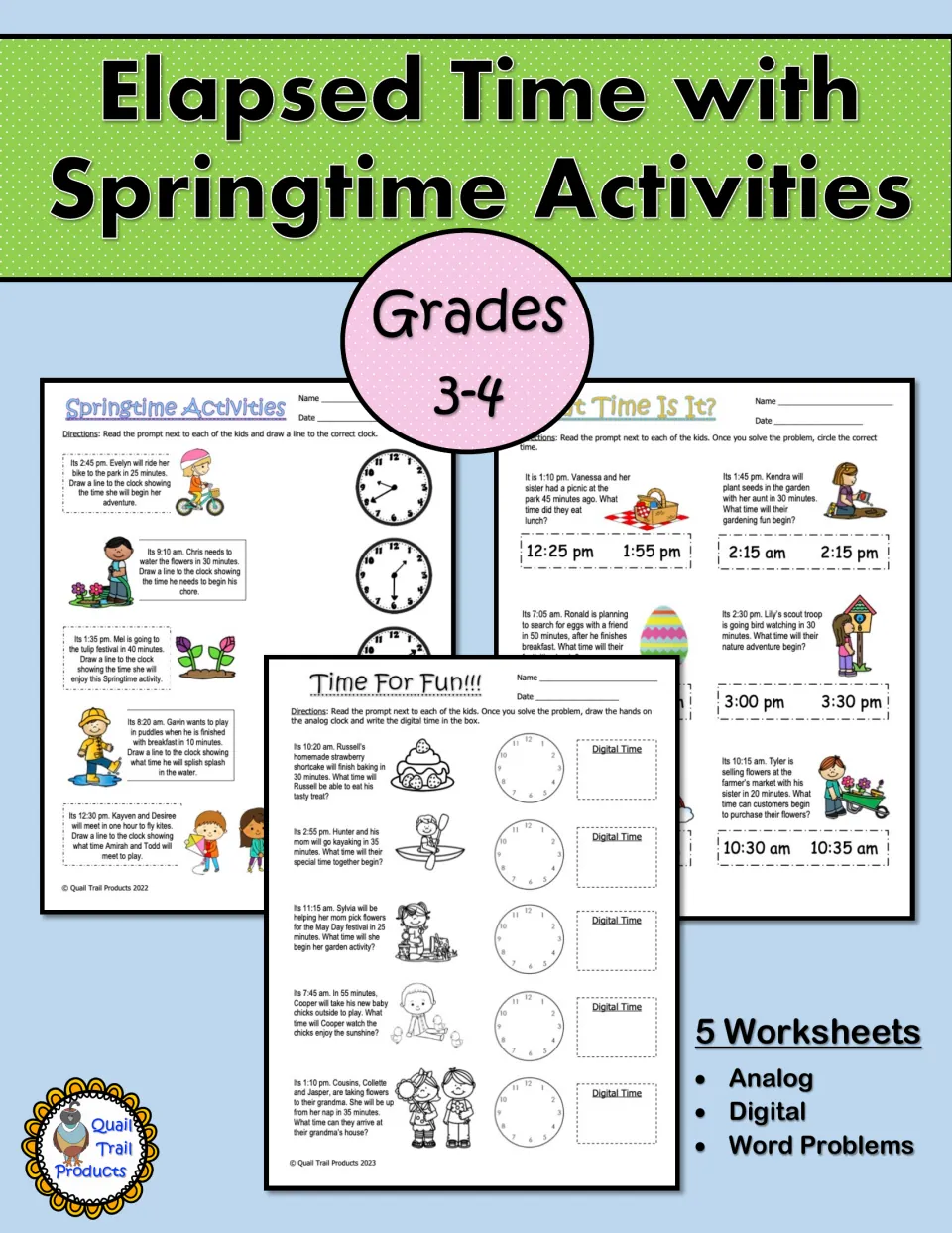 Cover of the springtime elapsed-time resource for grades 3–4, featuring five worksheets and analog and digital time