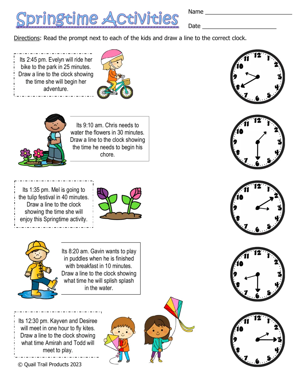 Springtime Activities: five elapsed-time problems to match to analog clocks, including 2:45 pm plus 25 minutes