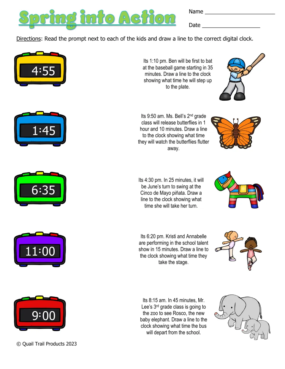 Spring into Action: five elapsed-time problems to match to digital clocks, including 1:10 pm plus 35 minutes