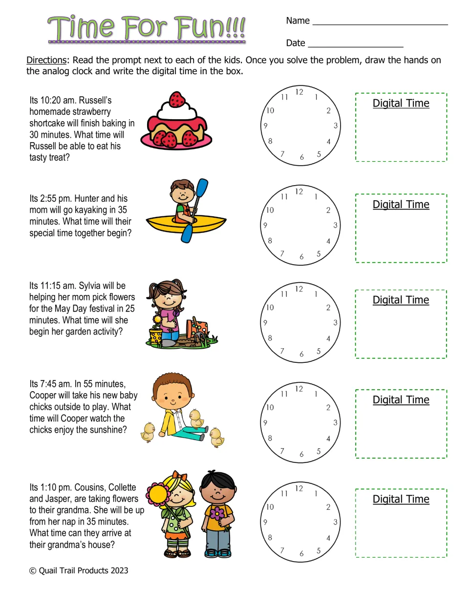 Time For Fun!!!: five elapsed-time problems requiring drawn clock hands and digital times, starting at 10:20 am