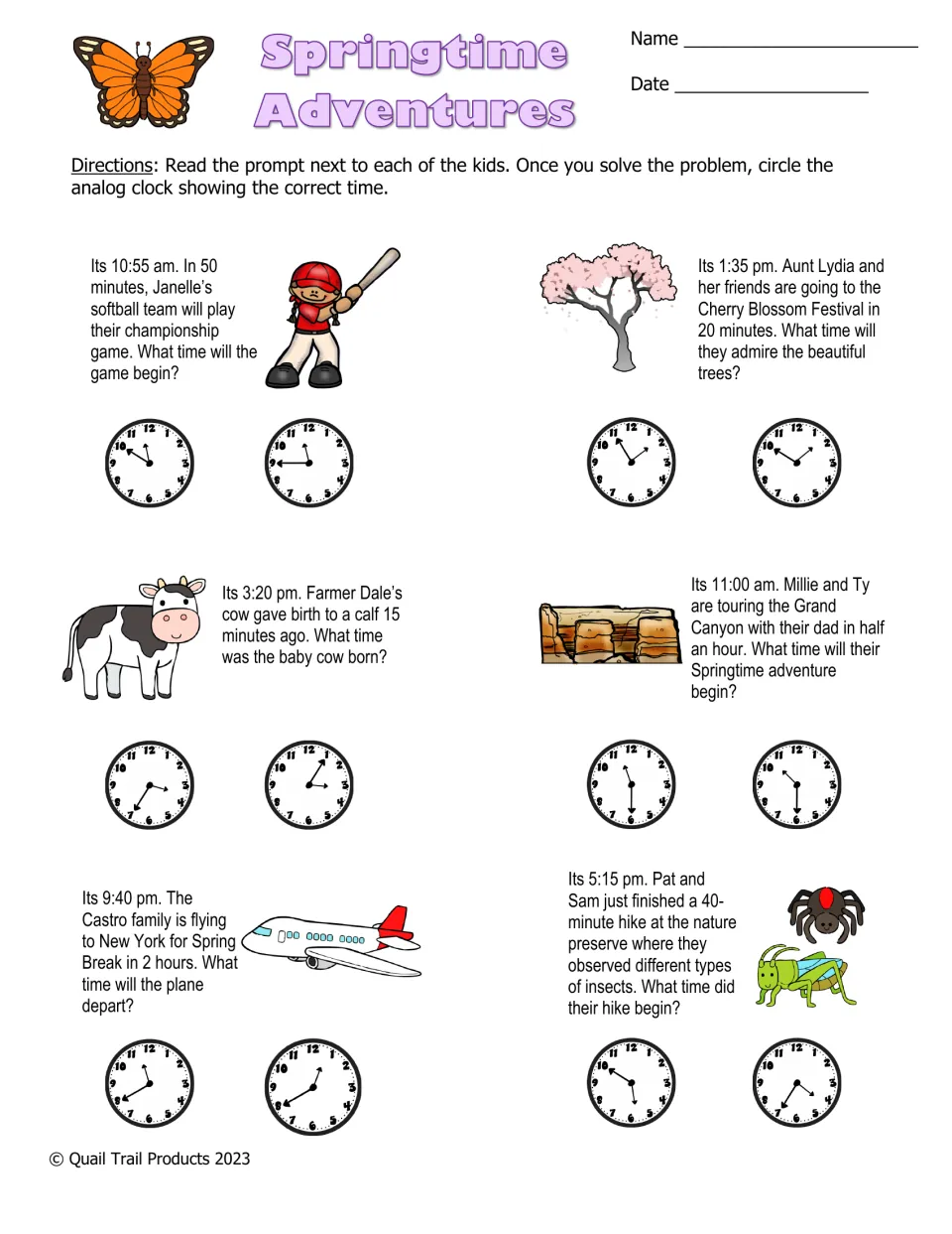 Springtime Adventures: six elapsed-time problems to answer by circling analog clocks, including 15 minutes ago