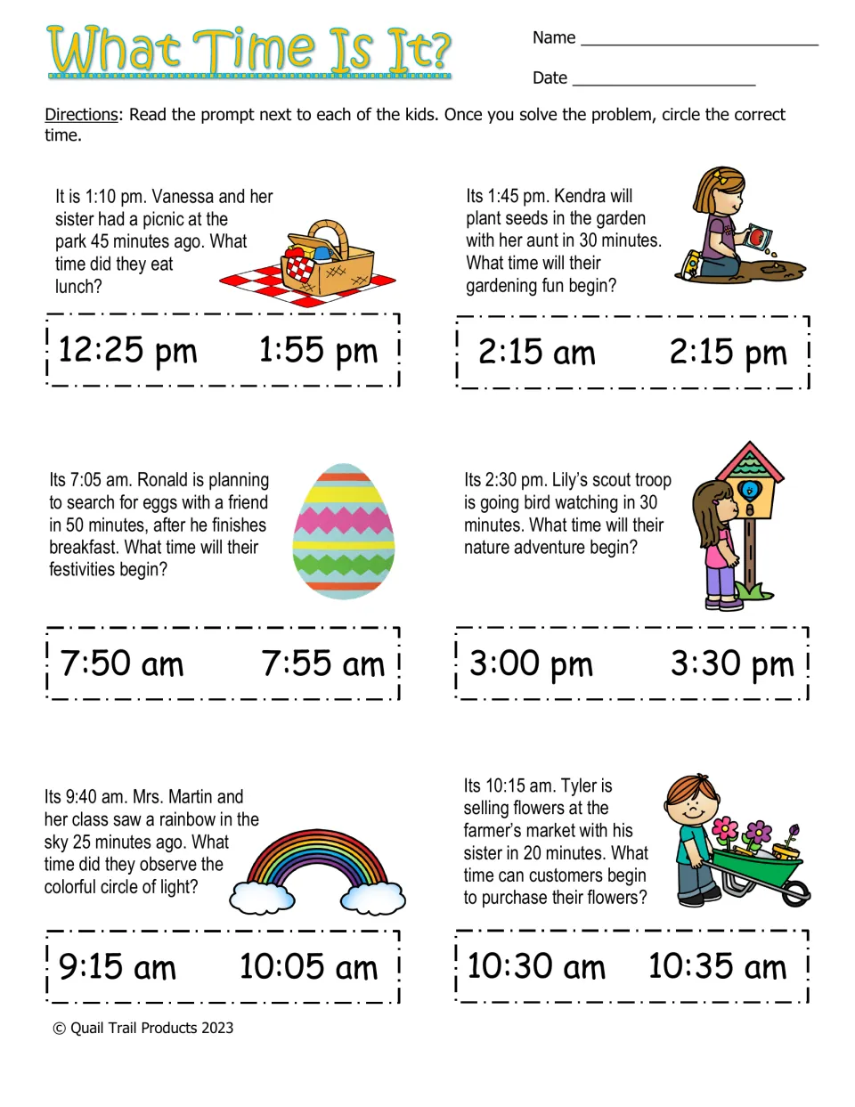 What Time Is It?: six elapsed-time problems to answer by circling digital times, including 1:10 pm minus 45 minutes