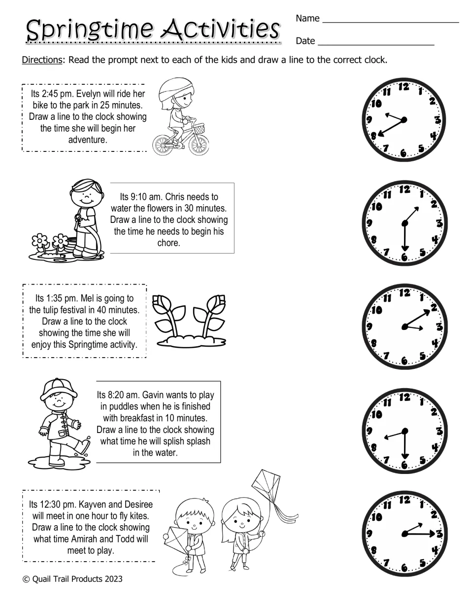 Black-and-white Springtime Activities: five problems matching elapsed times to analog clocks, such as 8:20 am + 10 min