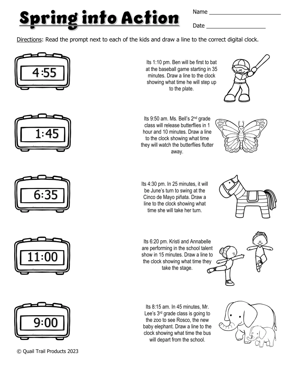 Black-and-white Spring into Action: five elapsed-time problems matched to digital clocks showing 4:55, 1:45 and more