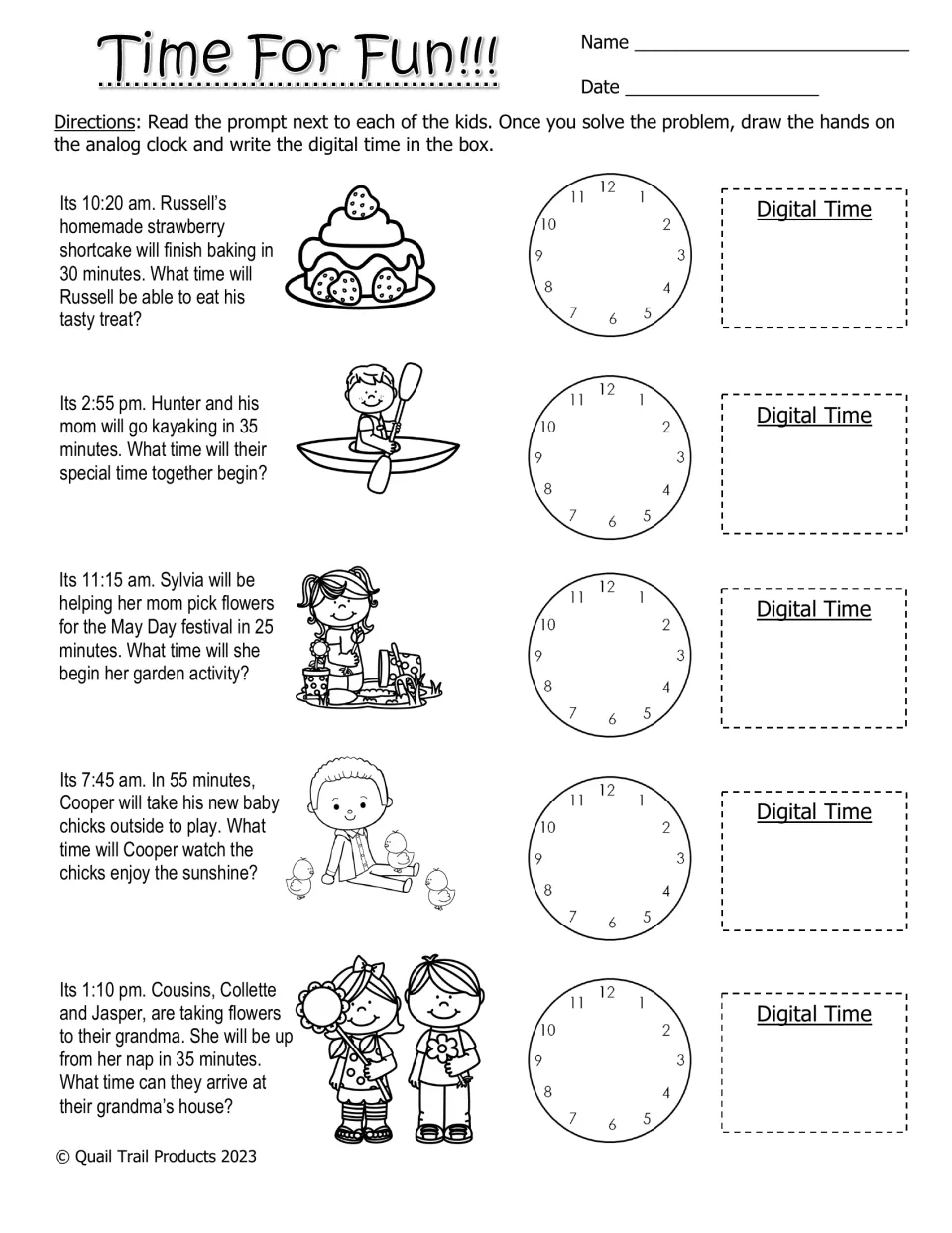 Black-and-white Time For Fun!!!: five elapsed-time problems requiring drawn analog clock hands and digital times