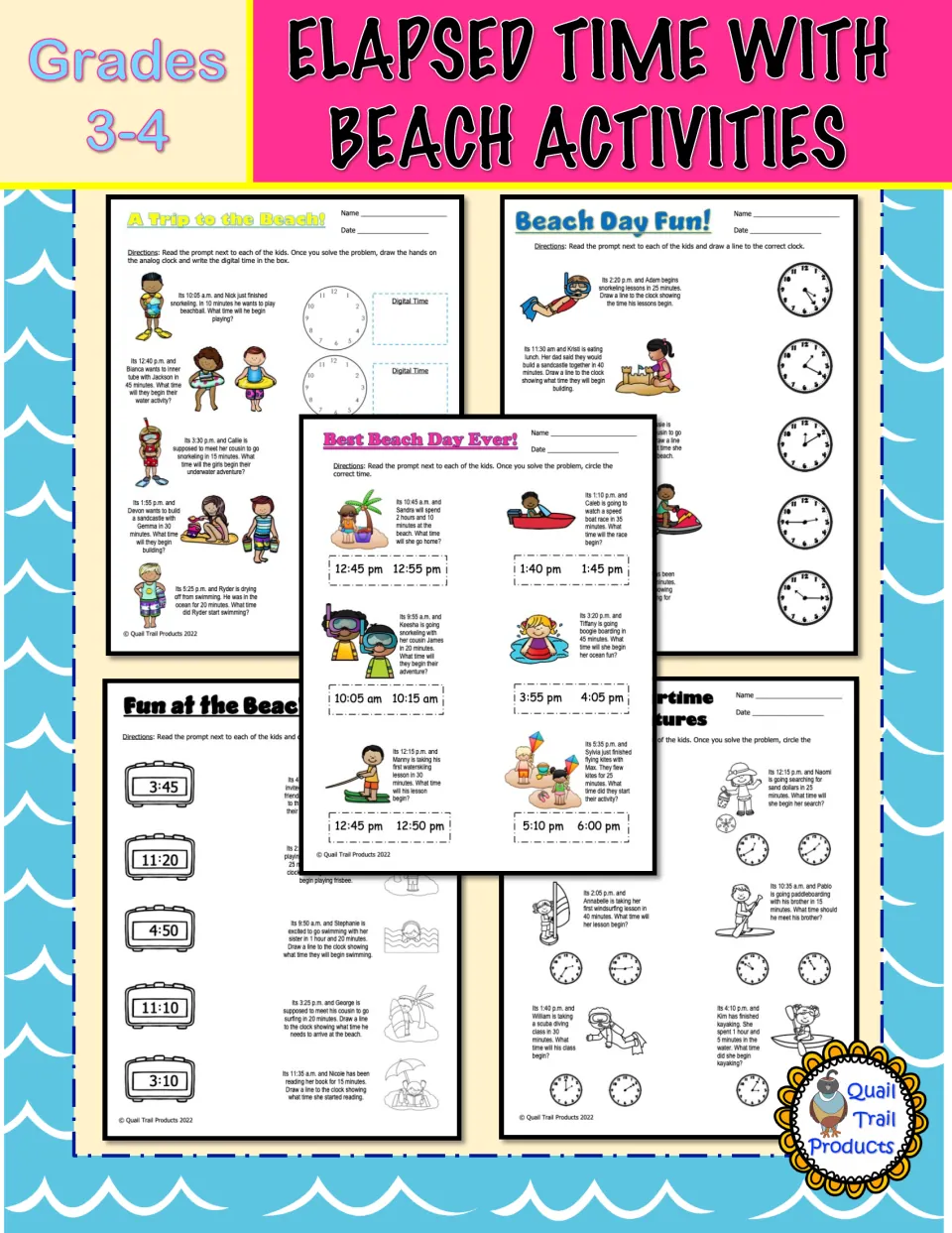 Elapsed-time packet cover for grades 3–4 showing samples of five beach-themed math worksheets