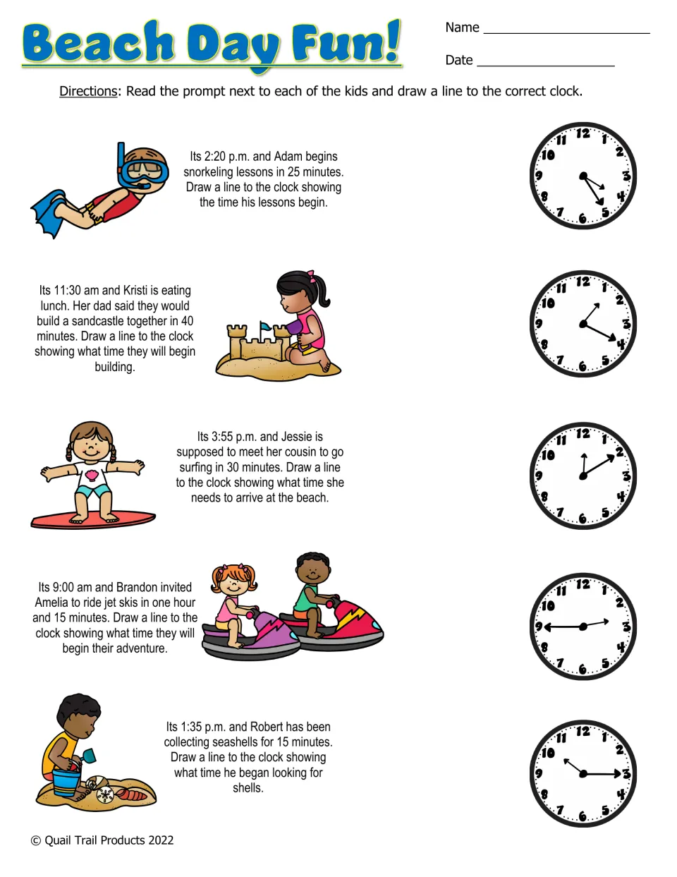 Beach Day Fun! color worksheet: five elapsed-time problems to match with analog clocks, including snorkeling