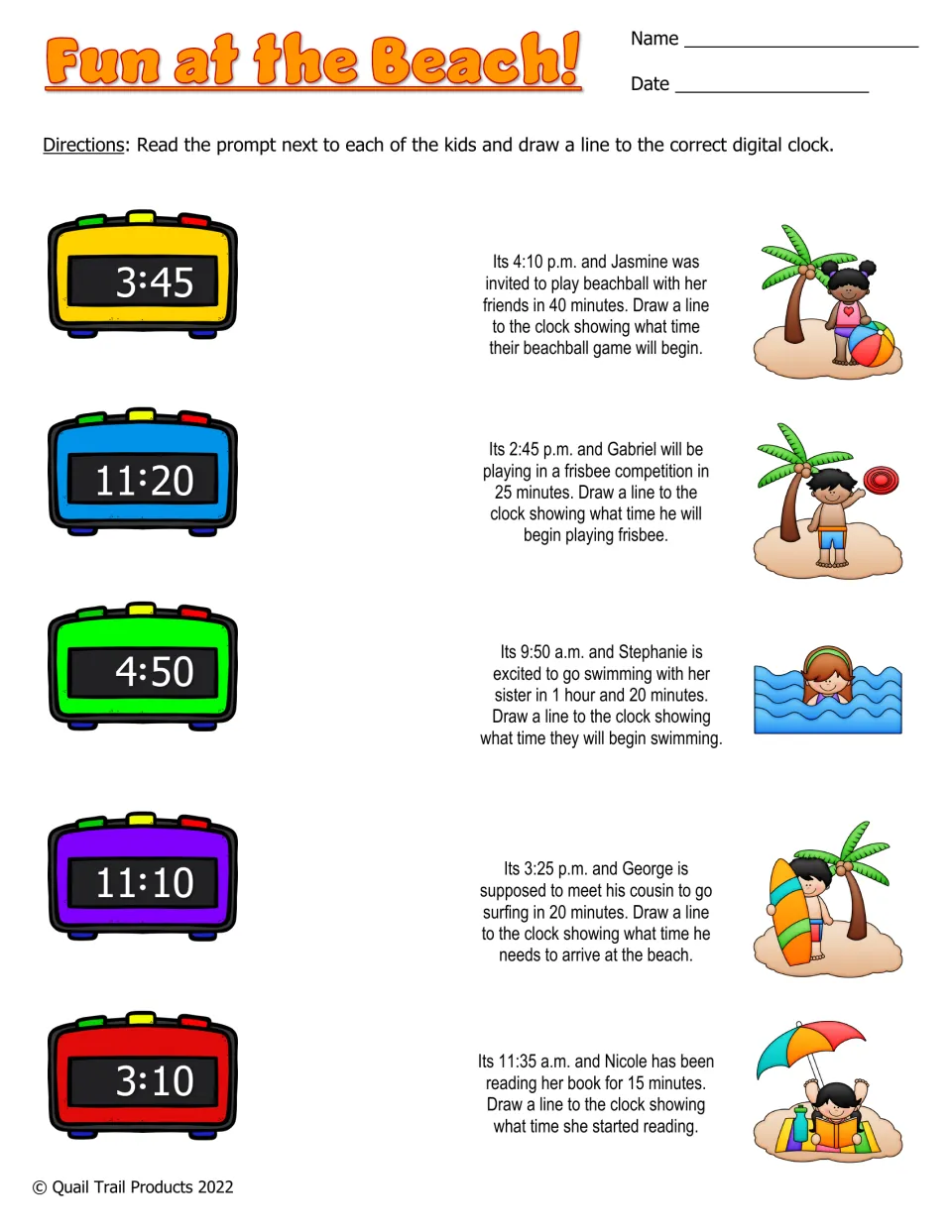 Fun at the Beach! color worksheet: five elapsed-time problems to match with digital clocks, including swimming
