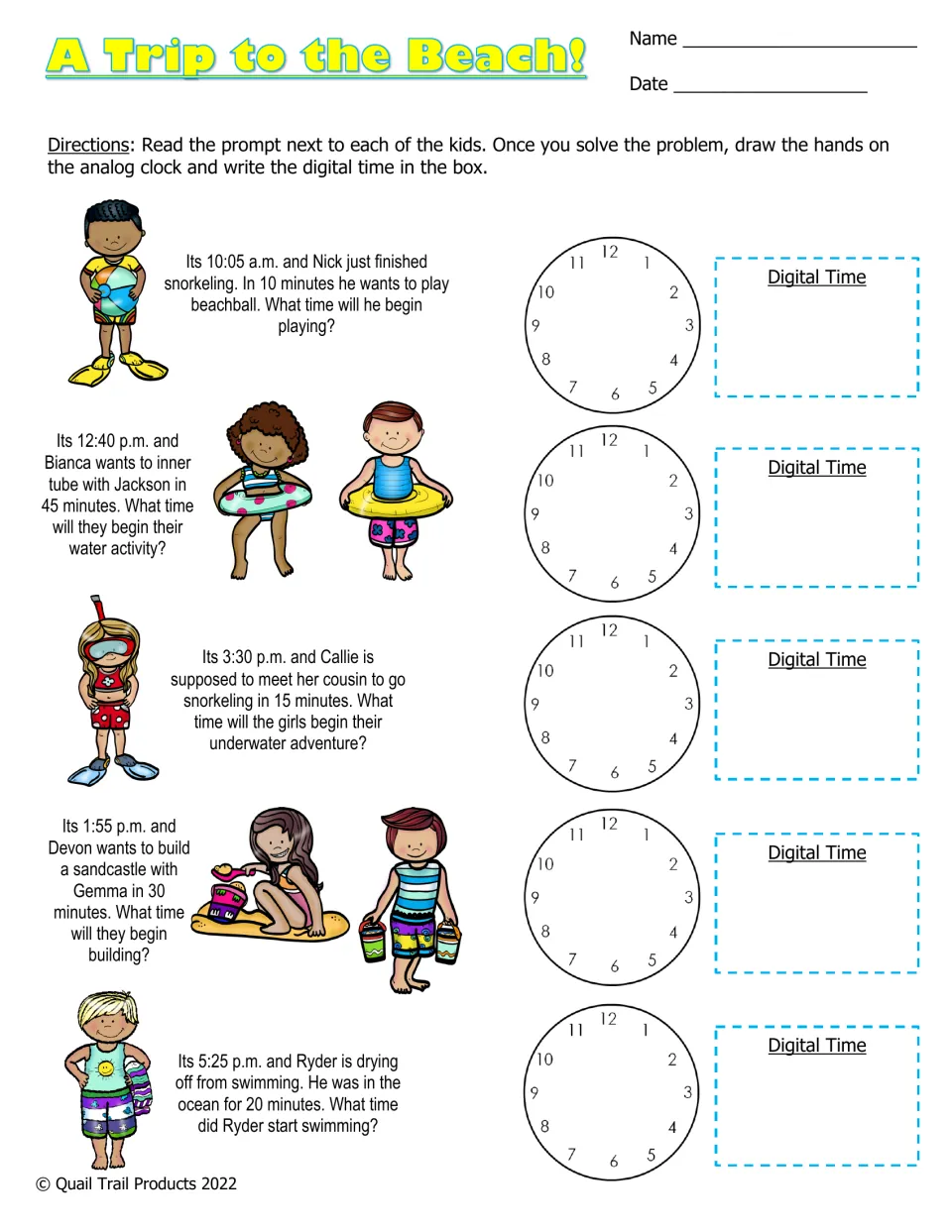 A Trip to the Beach! color worksheet: five elapsed-time problems requiring clock hands and written digital times