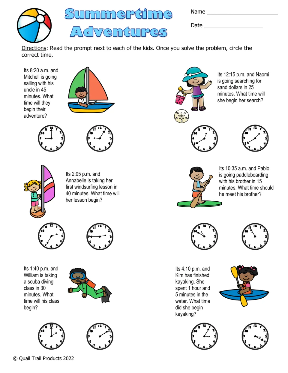 Summertime Adventures color worksheet: six elapsed-time problems with two analog clock choices per problem