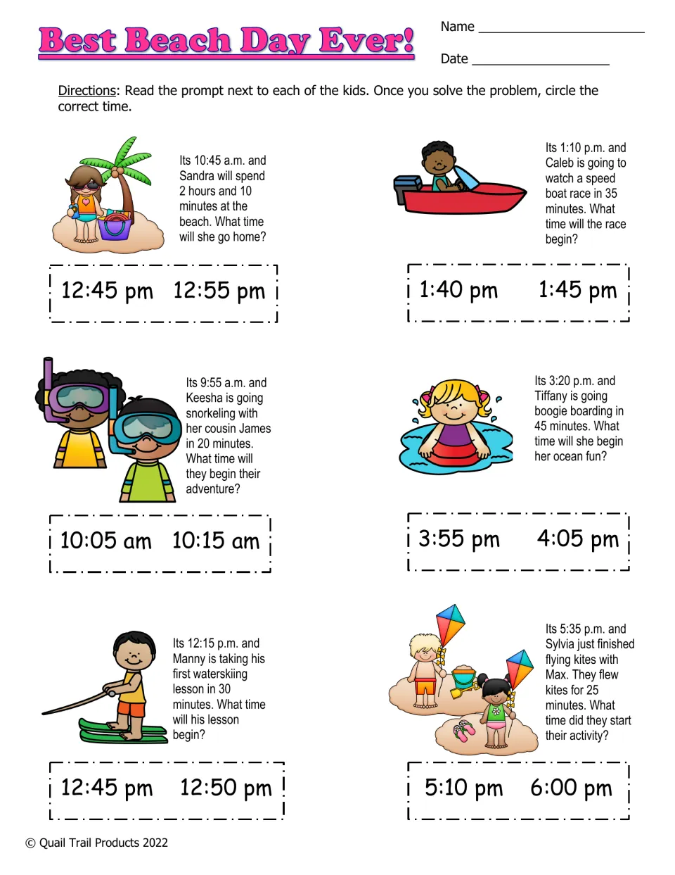 Best Beach Day Ever! color worksheet: six elapsed-time problems with two written time choices per problem