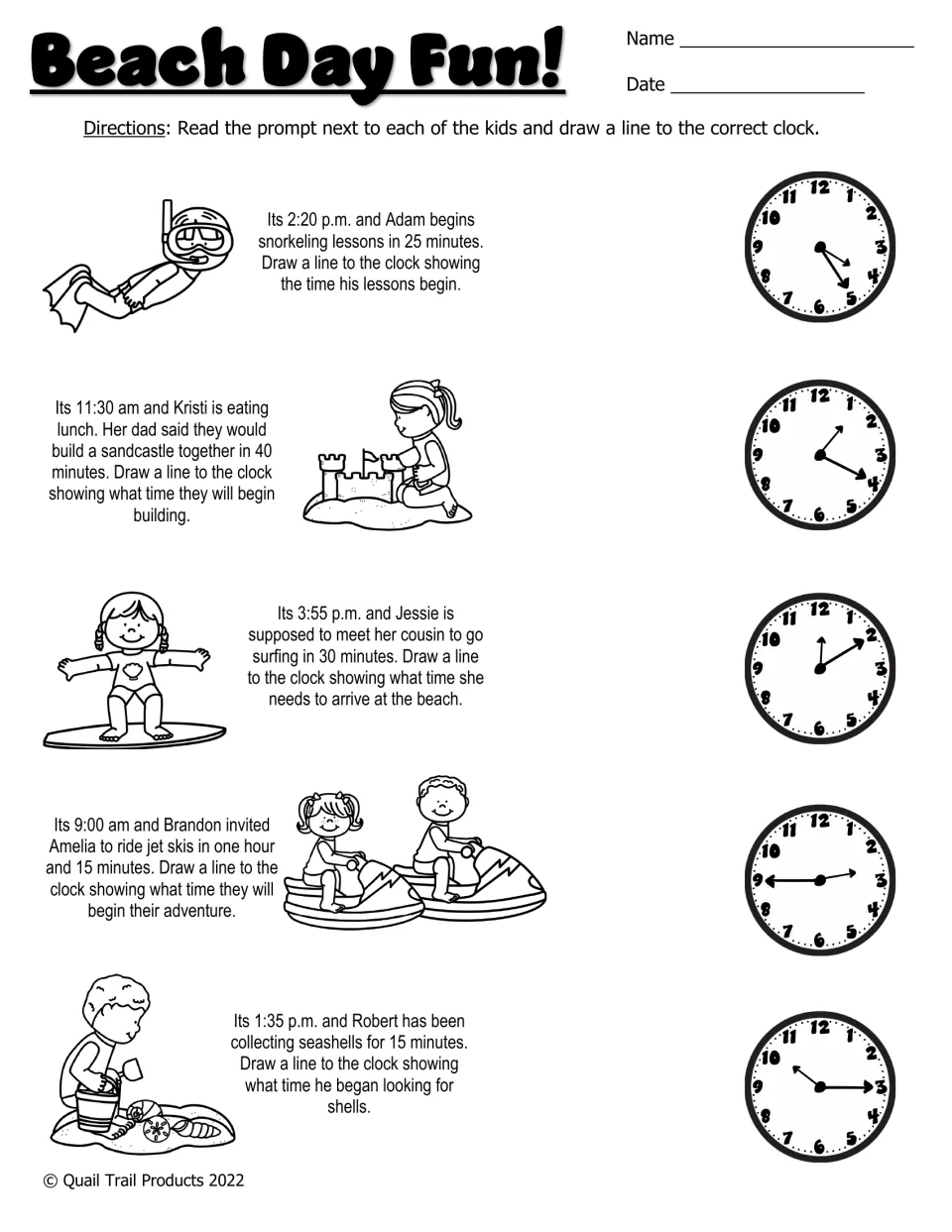 Beach Day Fun! black-and-white worksheet: five elapsed-time problems to match with analog clocks