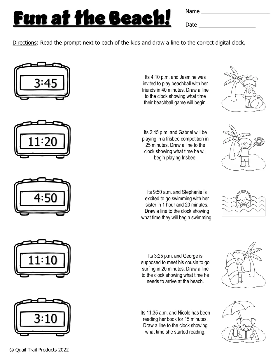 Fun at the Beach! black-and-white worksheet: five elapsed-time problems to match with digital clocks