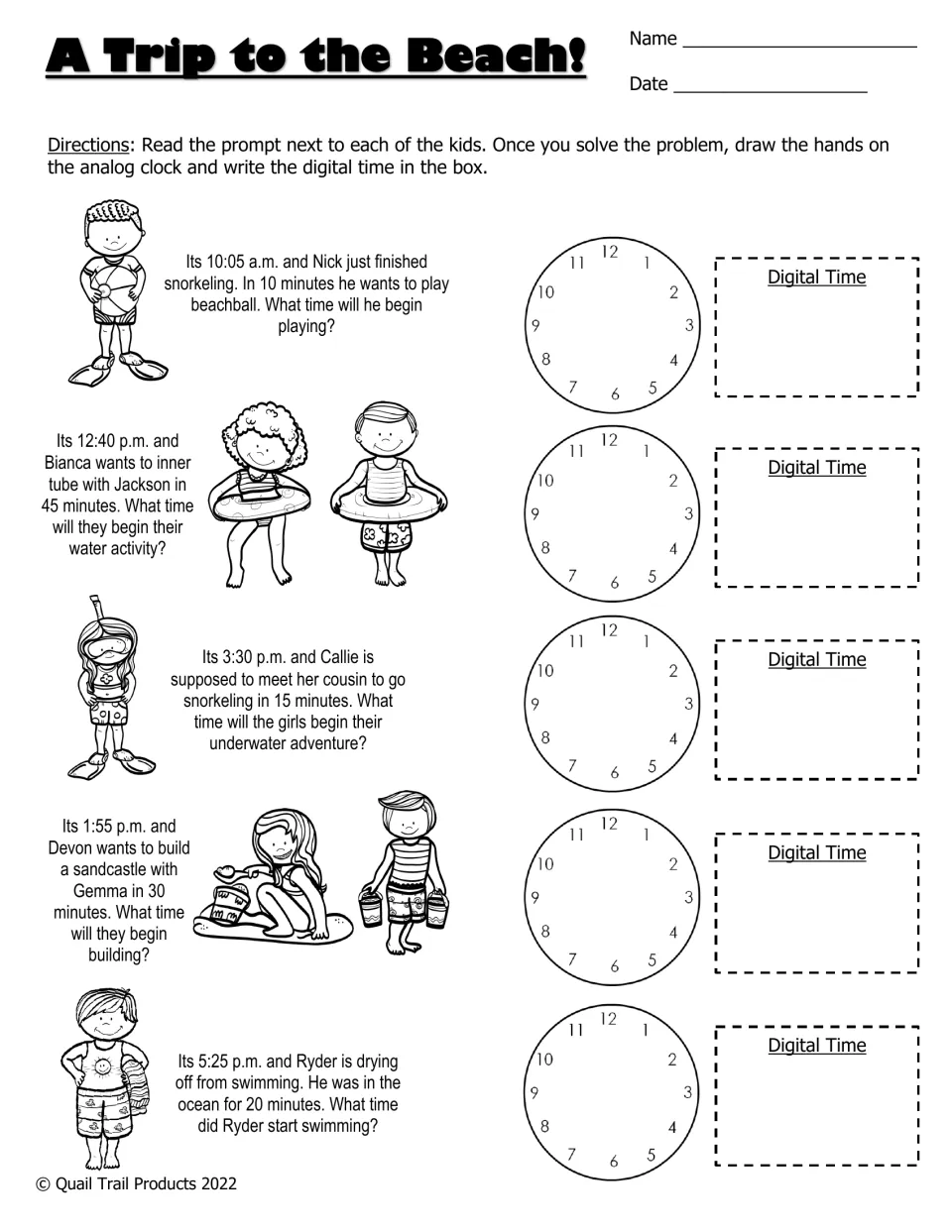 A Trip to the Beach! black-and-white worksheet: five problems requiring clock hands and written digital times