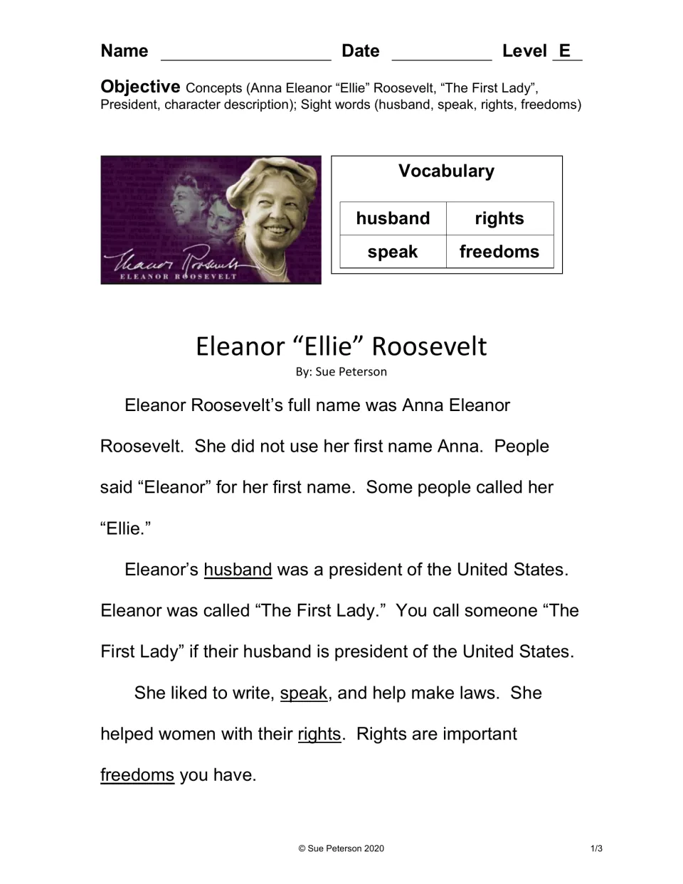 Biography reading, part 1: her names and role as The First Lady, with sight words husband, speak, rights, freedoms