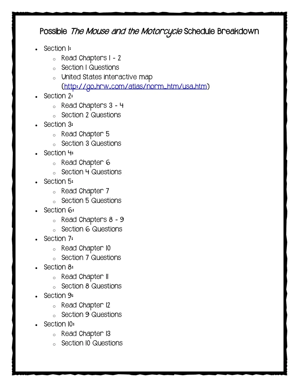 Suggested reading schedule dividing chapters 1–13 into 10 sections with questions and an initial map activity
